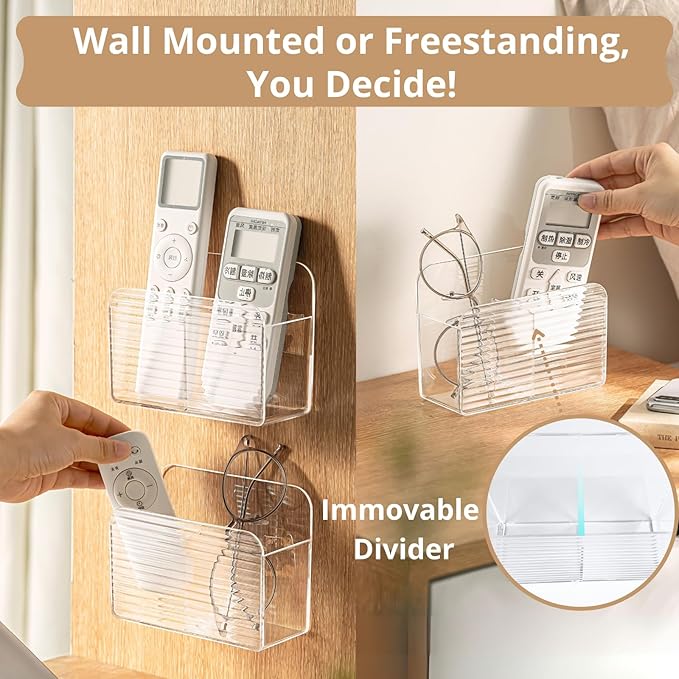 LINFIDITE Adhesive TV Remote Control Holder Wall Mount TV Remote Holder For Bedside Wall Remote Control Caddy Storage Organizer Stand Box （For 2 Or 4 Remote Controls – Transparent – Quantity 1）