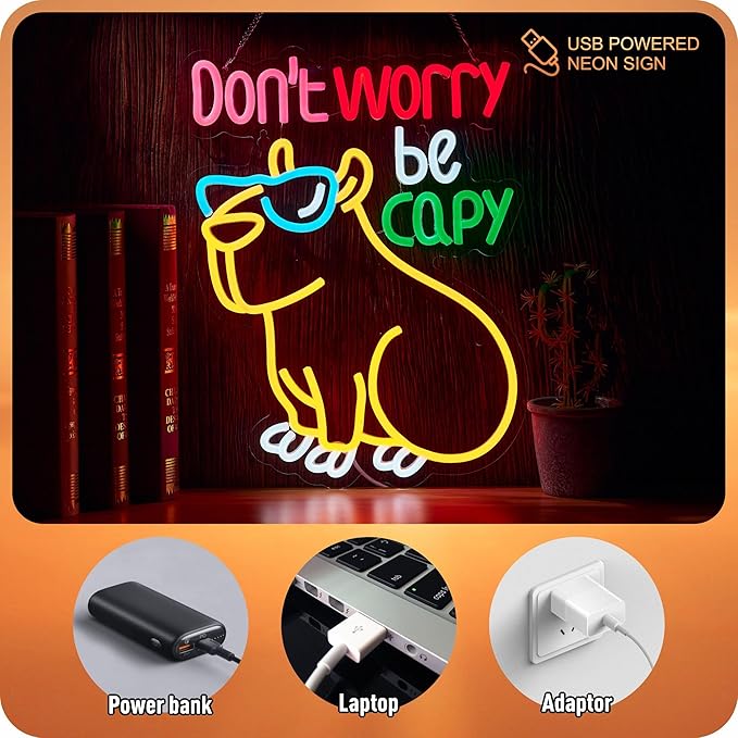 Capybara Don't Worry Be Capy Neon Sign Funny Cartoon LED Signs for Wall Decor Bar Man Cave Party Coffee Home Bedroom Birthday Gifts
