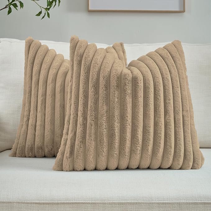 FUTEI Khaki Decorative Throw Pillow Covers Set of 2, 24x24 Inch Soft Fluffy Faux Fur Plush Striped European Cushion Cases, Modern Home Decor for Couch Bed Living Room
