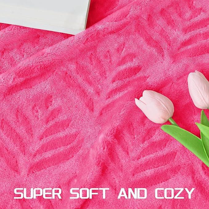 Exclusivo Mezcla Fleece Throw Blanket for Couch, Super Soft and Cozy Blankets All Season Use, Leaves Pattern, Plush Fuzzy Lightweight, Hot Pink, 50x60 Inch