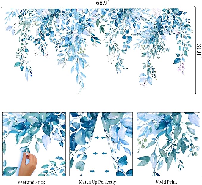 Blue Plants Leaves Wall Decals Peel and Stick, Large Floral Flowers Vinyl Wall Stickers, Removable Vine Home Decor Art for Bedroom Living Room Classroom Office