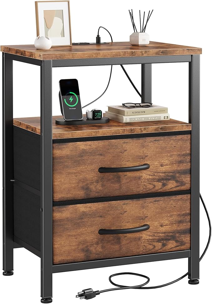 DUMOS Nightstand with Charging Station Built in USB Ports and AC Outlets Bedside Table with Adjustable Fabric Drawer and Open Shelf Modern End Table for Bedroom,Brown
