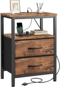 DUMOS Nightstand with Charging Station Built in USB Ports and AC Outlets Bedside Table with Adjustable Fabric Drawer and Open Shelf Modern End Table for Bedroom,Brown