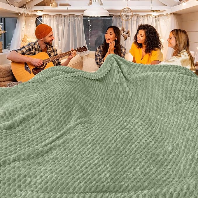 Vessia Flannel Fleece Queen Size Bed Blanket(90x90 inch), 3D Jacquard Sage Green Fuzzy and Warm Blanket for Adults, 300GSM Super Soft Touch Cozy Lightweight Home Decor for All-Season