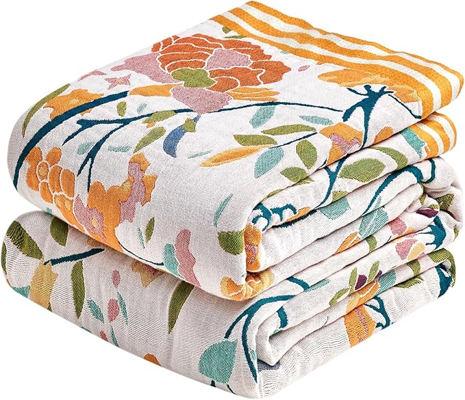 Boho Throw Blanket - 90"x108" 100% Cotton Ultra Soft Lightweight Blanket, 4-Layer Breathable Muslin Spring Blankets for Bed Couch, Reversible Green Floral Printed Bohemian Cotton Quilt