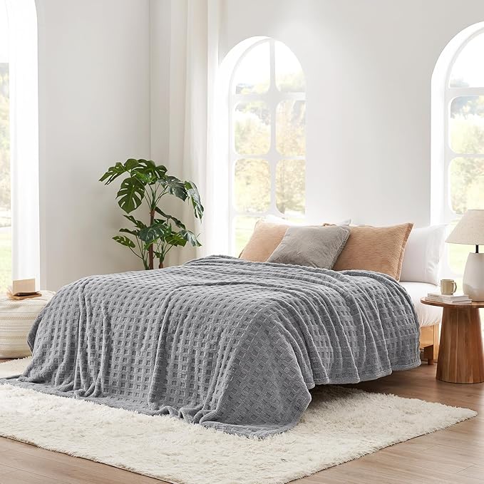 Cozy Bliss Ultrasoft Waffle Throw Blanket, Fluffy Cute Plush Blanket for Couch, Bed, Modern Home Accent, Portable for Picnic or Outdoor, Grey, 108"x90"