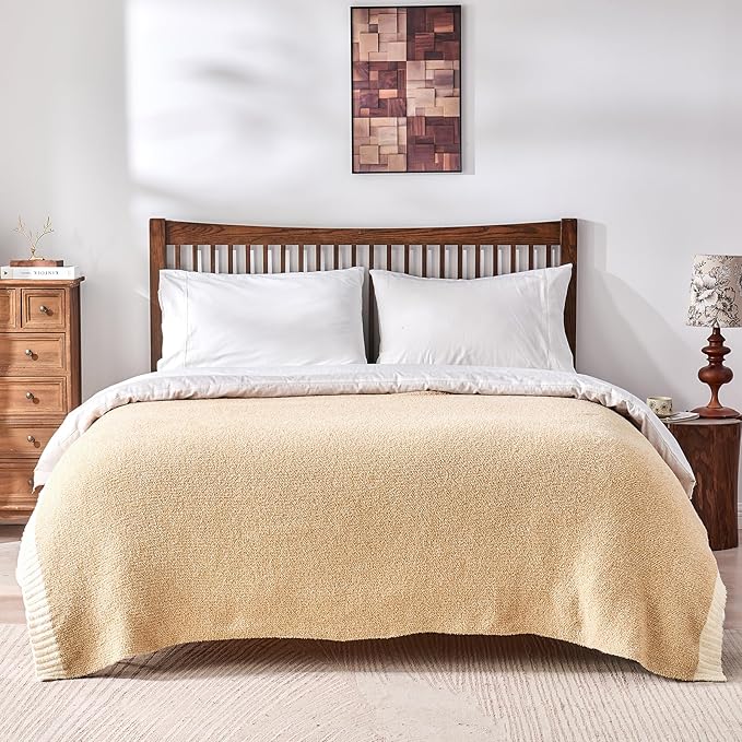 CozeCube Super Soft Fullfy Microfiber Reversible Knitted Blankets, Warm Cozy Fuzzy Plush Throw, Beige and White Melange Throw Blanket for Couch Bed Sofa, 50" x 60"