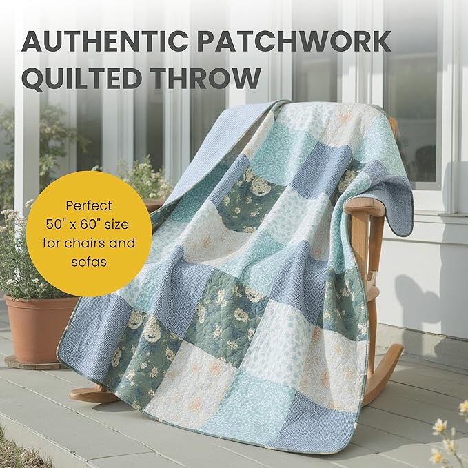 SLPR Cotton Quilted Throw Blanket, 50" x 60" Floral Farmhouse Patchwork Quilt, Shabby Chic Patchwork Throw Lap Quilt for Couch, Wildflowers