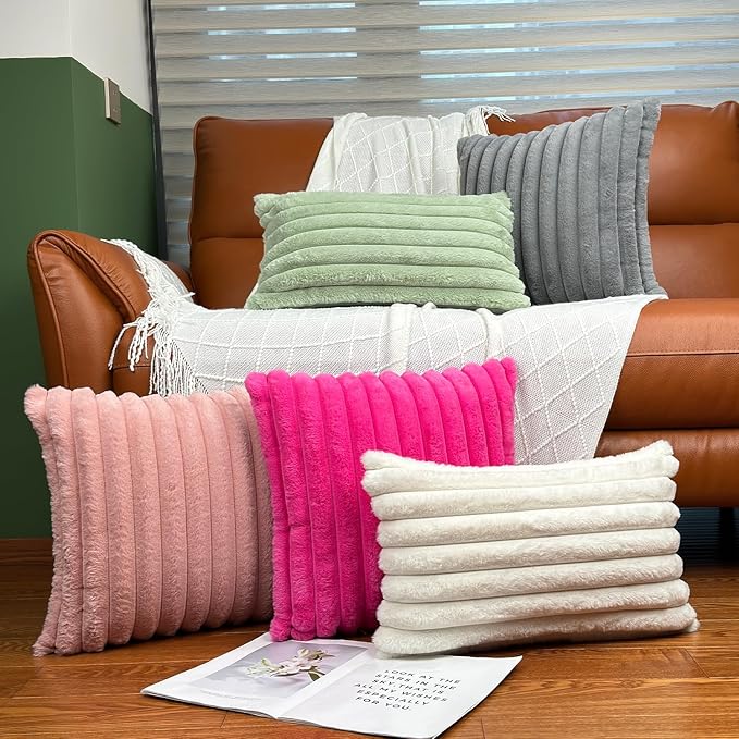 16x16 Throw Pillow Covers Set of 2, Decorative Faux Fur Covers for Bed, Couch Soft Fluffy Pillow Cover with Velvet Back for Living Room, Neutral Home Décor Accent for Sofa - Pink
