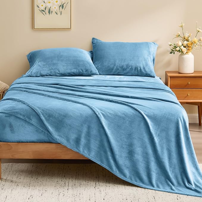 BEDELITE Flannel Sheets Queen Size Forever Blue - Super Soft Fleece Sheets Set Fluffy Extra Plush, 4 Piece(Include Fitted Sheet, Flat Sheet, 2 Pillowcases)