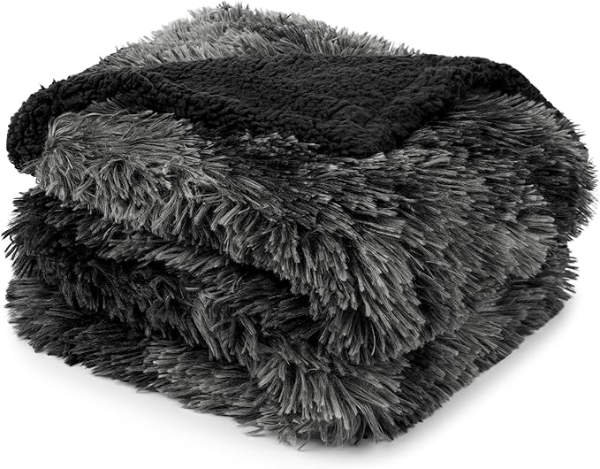 Pavilia Black Fluffy Bed Blanket, Queen Size, Fuzzy Plush Warm Large Blanket for Couch Sofa, Super Soft Thick Faux Fur Sherpa, Tie-Dye, 90x90