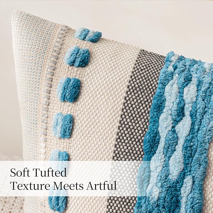 ANRODUO Pack of 2 Boho Decorative Throw Pillow Covers 20x20 Farmhouse Cushion Case Striped Chenille Pillow Cases Square Pillow Covers Accent Neutral Pillowcase for Sofa Couch Bed, Sky Blue Stripe 3