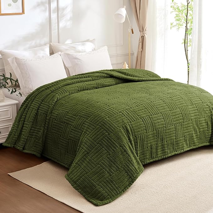 Whale Flotilla Lightweight Fleece Twin Size Blanket for Bed, Fuzzy Soft Blankets with Decorative Jacquard Pattern for All Season, Warm and Fluffy, 60x80 Inch, Olive