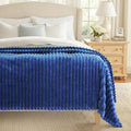 decorUhome Soft Fleece Navy Blue Blanket Queen Size for Bed, Cozy Fluffy Plush Flannel Large Striped Throws for Couch Sofa, Lightweight Decorative Fuzzy Blanket for Woman, 90x90 Inches