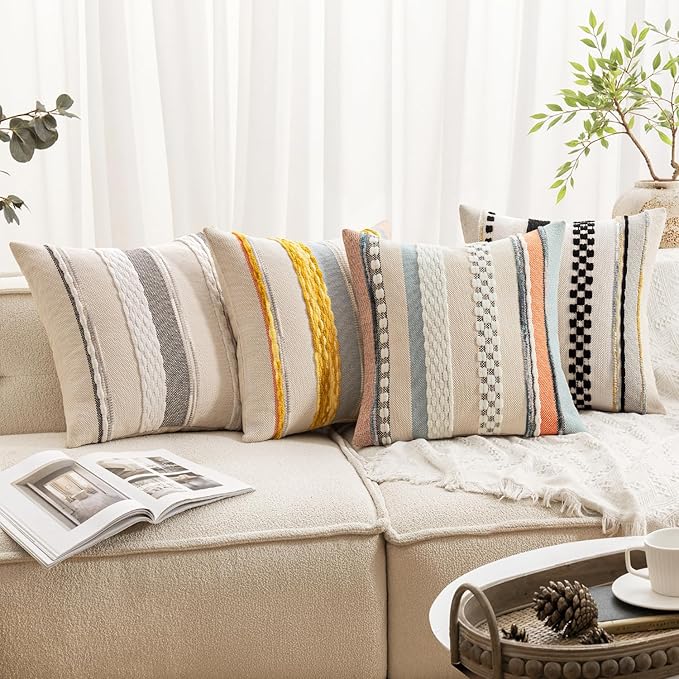 ANRODUO Pack of 2 Boho Decorative Throw Pillow Covers 18x18 Farmhouse Cushion Case Striped Chenille Pillow Cases Square Pillow Covers Accent Neutral Pillowcase for Sofa Couch Bed, Black Stripe