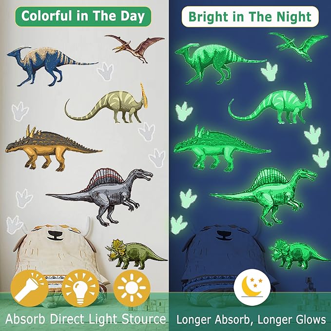 Glow in The Dark Dinosaur Wall Decals Stickers, Glowing Dinosaur Wall Stickers Self-Adhesive for Ceiling, Removable Wall Stickers for Boys Bedroom Kids Girls Baby Nursery Gift