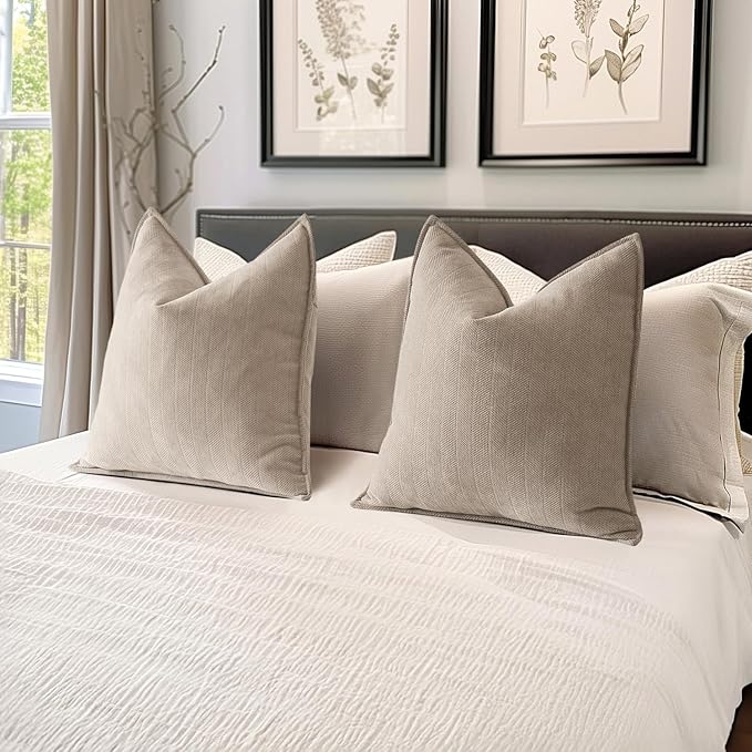 MIULEE Pack of 2 Beige Decorative Pillow Covers 26x26 Inch Soft Chenille Luxurious Couch Throw Pillows Farmhouse Cushion Covers Euro Shams with Elegant Design for Sofa Bed Living Room Spring Decor