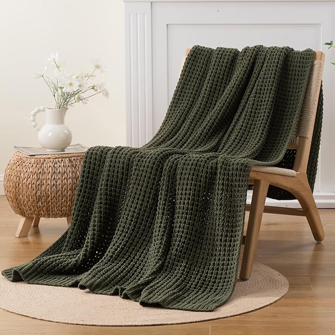 Bunnikins & Clover Olive Green Throw Blanket for Couch, Waffle Knit Blanket Throw, Super Soft Warm Dark Green Throw Blanket for Home Decor,Sofa and Living Room, 50"x60"
