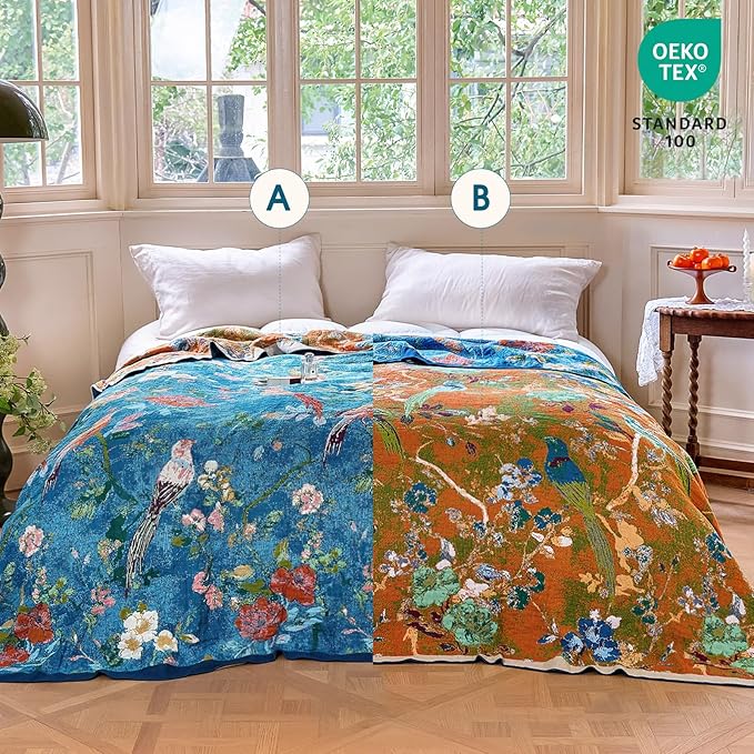 Boho Throw Blanket - 100% Cotton Ultra Soft Muslin Spring Blanket, 50"x60" Lightweight Floral Bird Printed Framhouse Bedding Blanket for Bed, All Season Blue Bohemian Bedroom Home Decor Quilt
