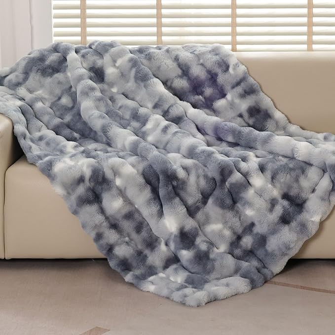 Blue Faux Fur Throw Blanket for Couch, 50x60 Inch Cozy Plush Blanket for Bed, Sofa & Reading Nook Chair Bedroom Living Room