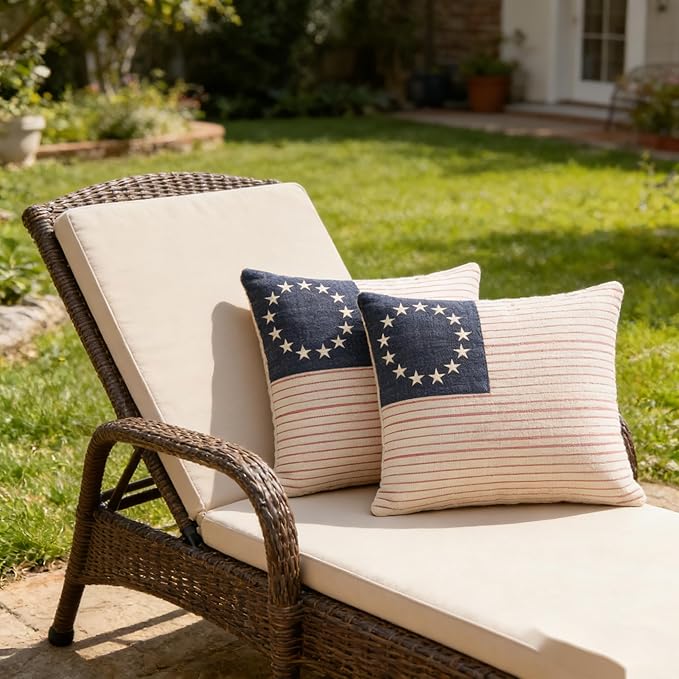 Patriotic American Flag Throw Pillow Covers, Linen, 18x18 Inch, Set of 2, Farmhouse Style, Machine Washable