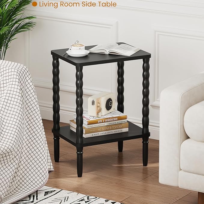 Small Narrow Side Table, Vintage End Table - Skinny Bedside Nightstand for Small Spaces, Couch/Recliner Accent Table for Bedroom Living Room Nursery, No-Tool Assembly (Black)