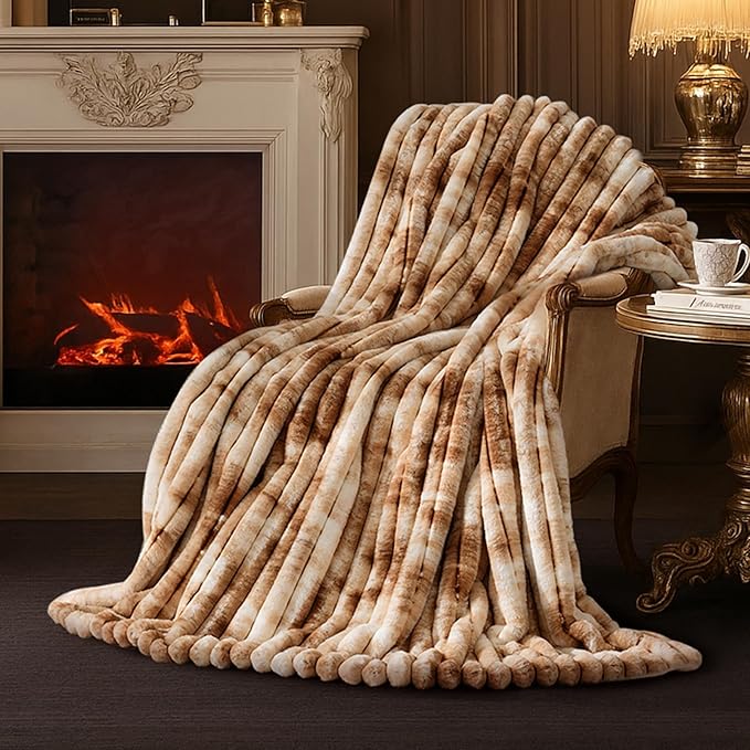 Amélie Home Faux Fur Throw Blanket for Couch, Cozy Fuzzy Fluffy Fur Luxurious Soft Striped Plush Gift Blankets for Family Sofa Chair Bedroom, 55"x70", Tie-dye Khaki