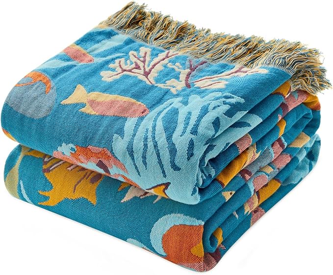 Throw Blanket for Bed 100% Cotton Blankets for Bedroom Living Room Spring Twin All Season Underwater Ocean Life Embroidery Reversible Breathable Quilt for Couch Sofa Coastal Home Decor 60"x80"