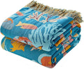Throw Blanket for Couch Sofa 100% Cotton Blankets for Bedroom Living Room Spring Soft All Season Reversible Underwater Ocean Life Embroidery Throws Coastal Home Decor 50"x60"