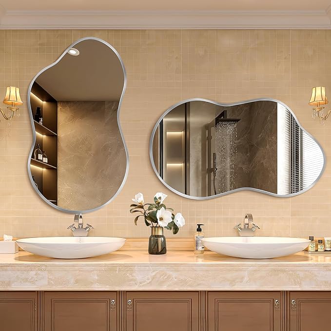 Irregular Wall Mirror - Wall Mirrors Decorative 20"x36" Silver Asymmetrical Mirror Tempered Glass Aviation Aluminum Alloy Frame for Bathroom, Bedroom, Living Room, Cloakroom, Entryway