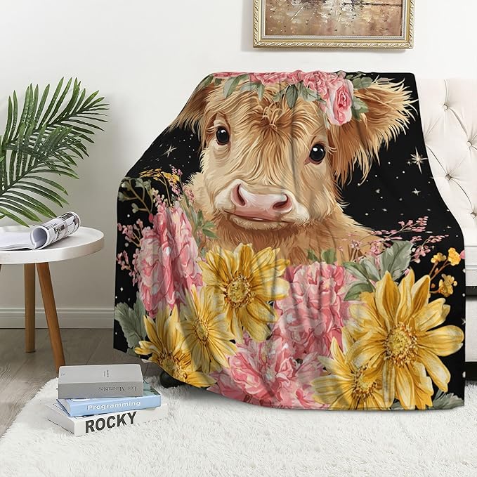 Highland Cow Throw Blanket Soft Warm Cozy Flower Cows Floral Blankets Fuzzy Plush Fleece Highland Cow Blanket Gifts for Couch Bed Sofa Home Decor 40''X50''
