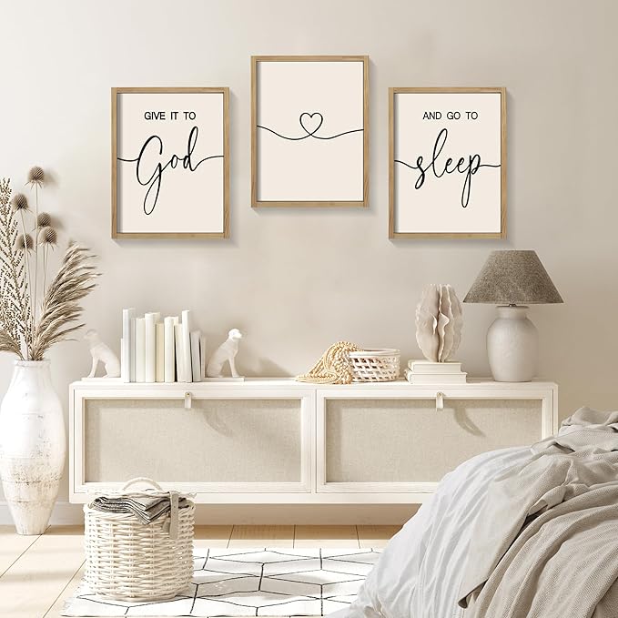 Heiple Give It to God and Go to Sleep Sign Set of 3 Above Bed Wall Decor Farmhouse Bedroom Decor Wood Framed Art Rustic Master Bedroom Essentials Home Decoration (Brown, 11”x14”)