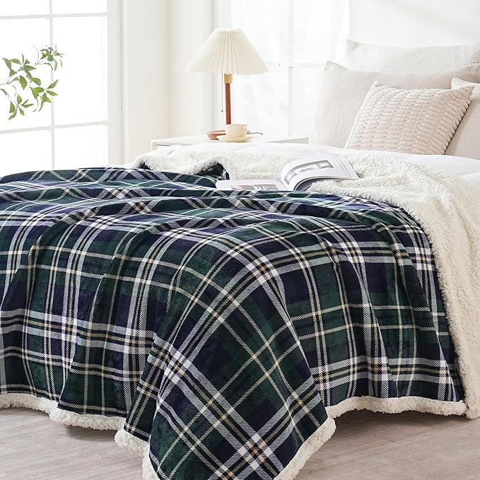 Sherpa Fleece Throw Blanket for Couch, Fluffy Plush Warm Fuzzy Blanket for Women and Men, Cozy Thick Soft Twin Blanket for Bed(Green-Soft Blue, 80"*90")
