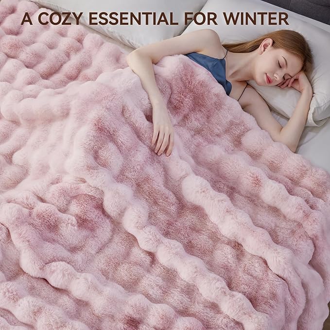 Faux Fur Throw Blanket, 1000GSM Fluffy Soft Bubble Blanket for Couch Bed, Cozy Plush Warm and Thick Blanket, Fuzzy Rabbit Throw for Living Room Bedroom 90''*104'' Pink