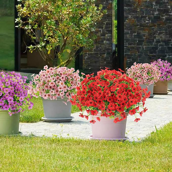 Artificial Flowers Outdoor Faux Plants UV Resistant Fake Patio Flowers Plastic Greenery Plnats Outside Bulk for Spring Garden Hanging Planter Home Vase Decor, 12 Bundles (Red)