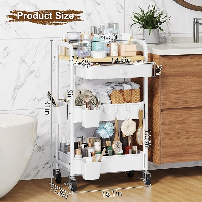 3 Tier Rolling Cart Metal with Table Top and Drawer, White Storage Cart with Wooden Top and Wheels, Three Tier Utility Carts Organizer for Art, Craft, Baby Diaper Caddy, Snack, Nail, Book, Makeup