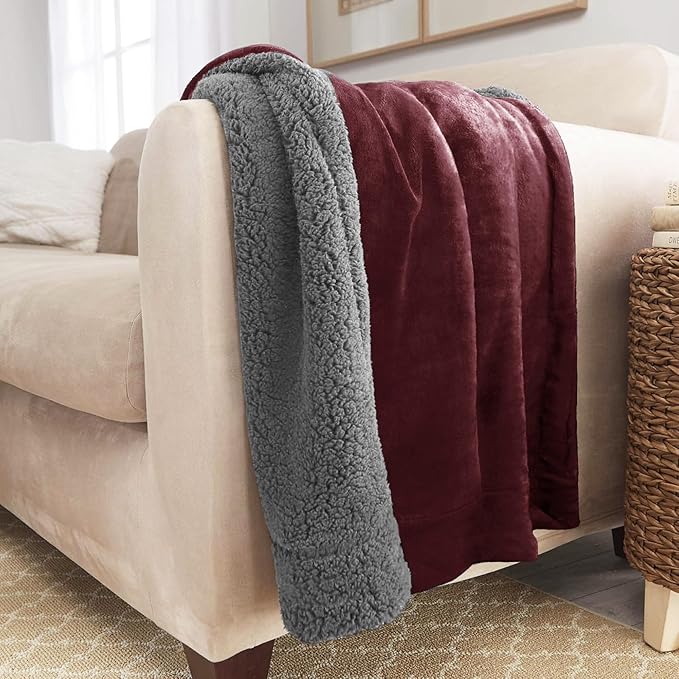 Genteele Sherpa Throw Blanket Super Soft Reversible Ultra Luxurious Plush Blanket, 40 x 50 inches, Rich Burgundy Red/Gray