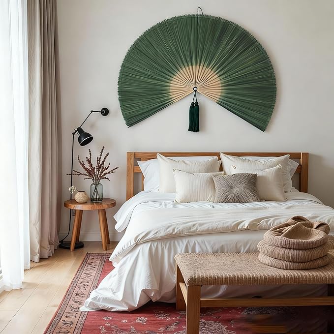 ChumDecor Bamboo Fan Wall Decor,Japanese Chinese Wall Fans,Large Bamboo Fan Wall Art for Boho Hanging Headboard, Decorative Folding Fans (Dark Moss Green 40inch)