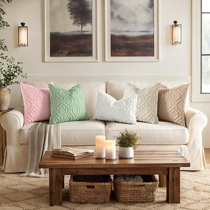 decorUhome Throw Pillow Covers 16x16 Inch Set of 2, Soft Plush Faux Wool Sage Green Solid Couch Pillow Covers, Accent Farmhouse Neutral Square Pillow Cases for Sofa Bed Living Room