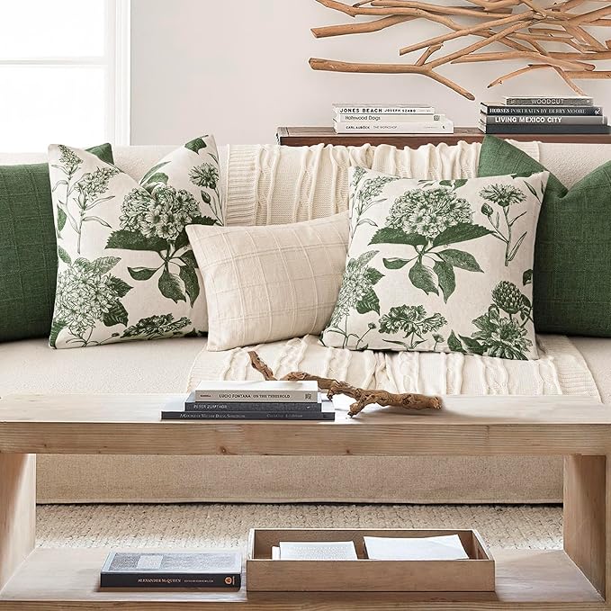 Foindtower Set of 2 Linen Floral Throw Pillow Covers Neutral Vintage Print Decorative Cozy Cushion Covers Farmhouse Boho Home Decor for Sofa Chair Couch Bedroom Living Room,20×20 Inch,Dark Green