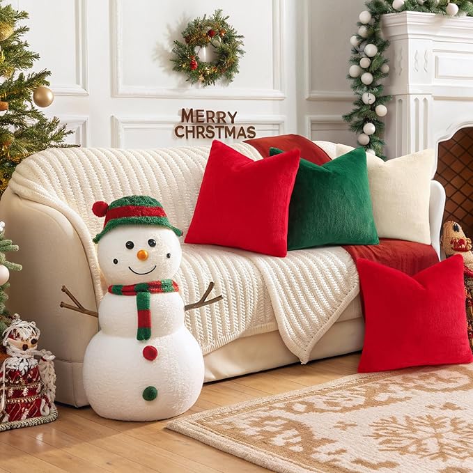 Pallene Faux Fur Plush Christmas Throw Pillow Covers 20x20 Set of 2, Soft Fluffy Couch Pillow Covers for Living Room, Christmas Green