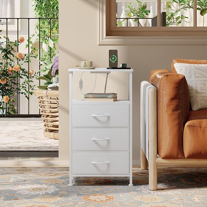 Somdot Nightstands Set of 2,Bedside Tables with Charging Station and LED Lights,Night Stand with 3 Fabric Drawers, End Tables with Open Shelf for Bedroom Living Room Entryway Hallway, White Leather