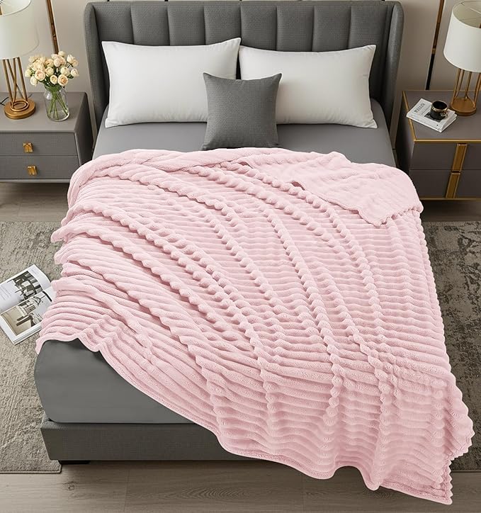 Utopia Bedding Pink Striped Fleece Blanket Queen Size – Fluffy, Warm & Lightweight Ribbed Throw for Bed, Sofa & Chair - Soft Cozy Blanket for Home Décor & Gifting (90x90 Inches)