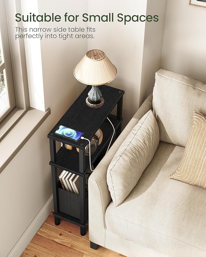 Set of 2 End Tables with Charging Station, Narrow Side Table for Small Spaces, Slim Nightstand with Basket, Skinny Bedside Table, for Living Room, Bedroom, Black TBZ07UP2BBN1