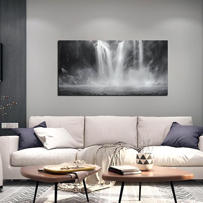 Waterfall Wall Pictures for Living Room - Black and White Landscape Wall Art for Office - Modern Abstract Canvas Wall Art for Bedroom Size 20" x 40"