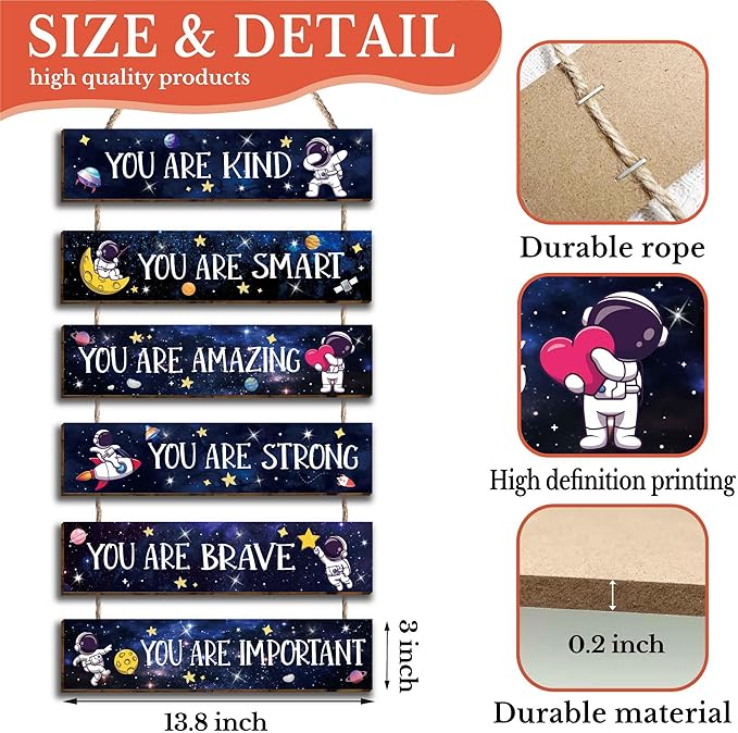 6 Pcs Space Astronaut Inspirational Quotes Kids Room Decor, Outer Space Posters Motivational Hanging Plaque Sign for Boys Kids Playroom Classroom Teens Children Bedroom Princess Toddler
