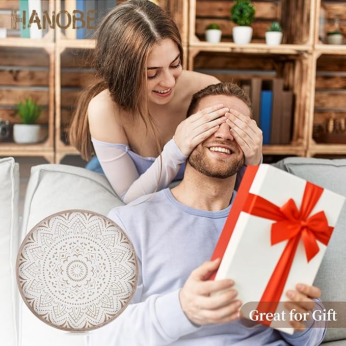 Hanobe Decorative Coffee Table Tray: Round Wood Trays for Boho Home Decor 12 Inch Rustic Farmhouse Centerpiece for Living Dining Room Ottoman Kitchen Counter Brown
