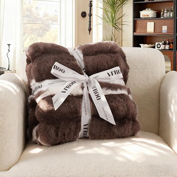 Faux Rabbit Fur Throw Blanket – 850GSM Thick & Warm, Ultra Soft Plush Blanket for Couch, Bed, Sofa, Ideal Gift for Women, 60" × 80", Chocolate