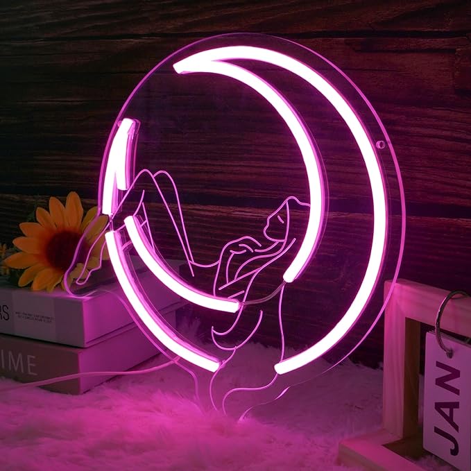 Moon Lady Neon Sign for Wall Decor Pink Dimable Led Girl Crescent Moon Neon Lights Wall Art Whimsical Night Sky for Bedroom Wall Decor Ideal for Lady Dreamers and Boho Interiors(11.2 * 11.3inch)