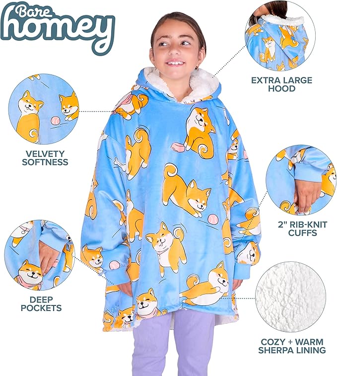 Bare Home Wearable Blanket Hoodie - Soft Plush Sherpa - Warm and Cozy - Oversized Wearable Blanket - Adult & Kid Sizes